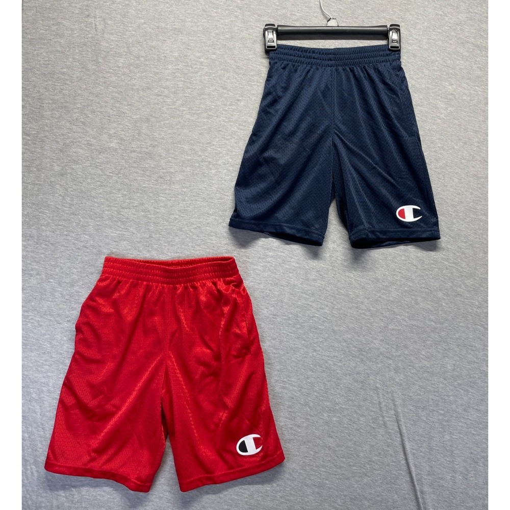 Lot Of 2 Champion Athletic Mesh Shorts Youth M Red Blue Stretch Moisture Wicking